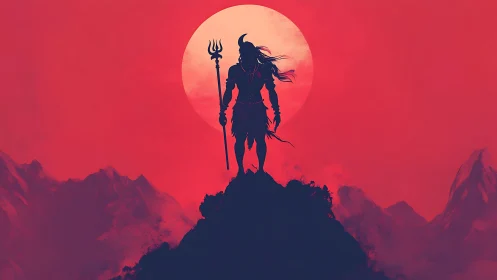 Silhouetted warrior stands on mountain peak before large sun