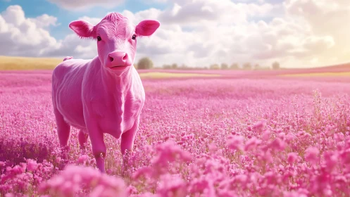 Pink cow stands in dreamy flower field under soft skies