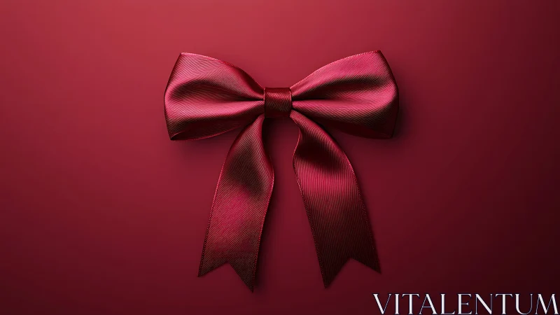 Red satin ribbon bow centered on smooth burgundy background