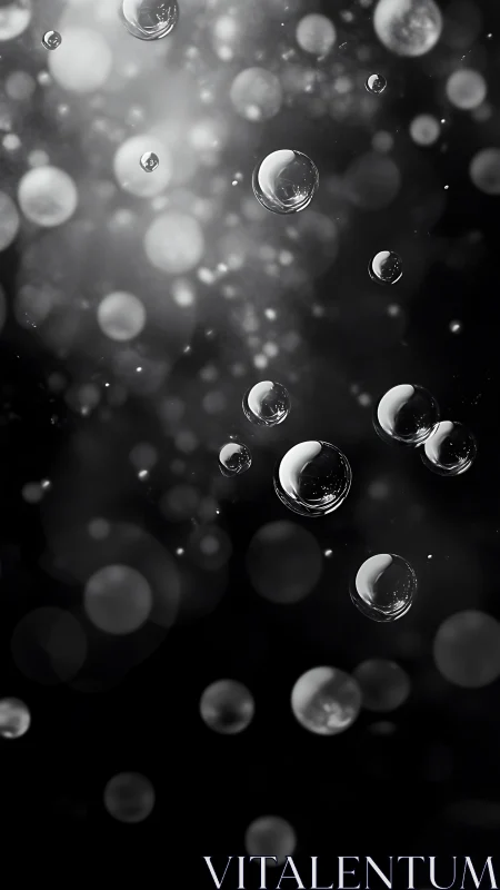 Monochrome bubbles are suspended against a dark background