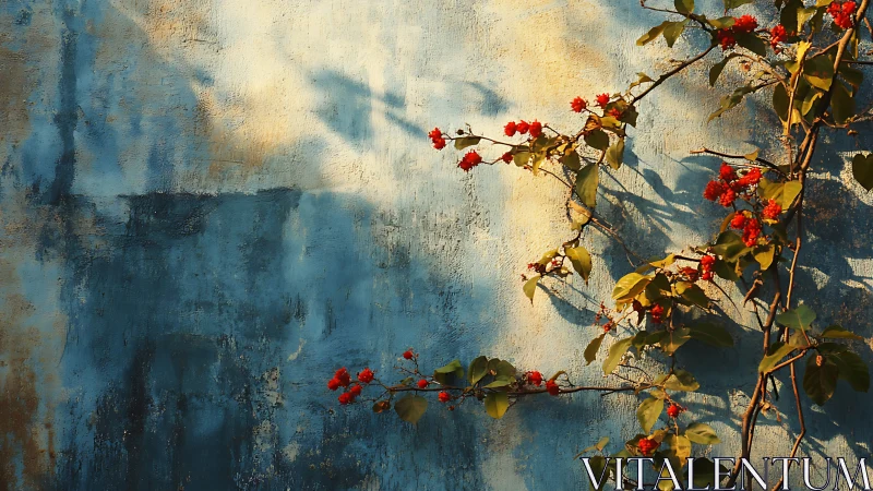 Sunlit red flowers on a textured blue wall, rustic natural style.
