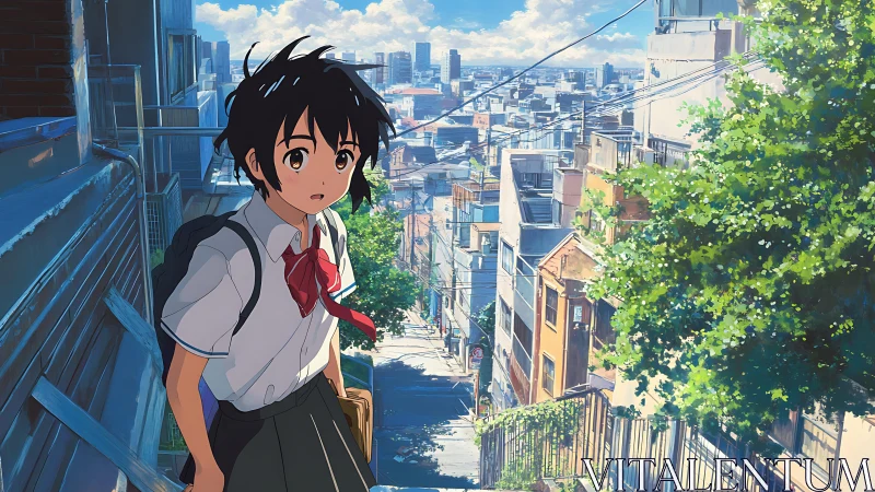Anime student on sunlit urban staircase surveys distant city