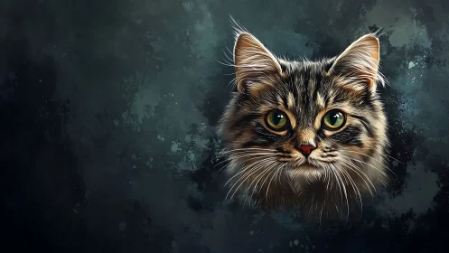 Tabby cat head rendered against textured teal background.