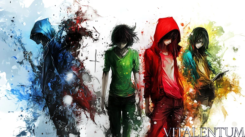 Four hooded figures in colored abstract paint splatter field.