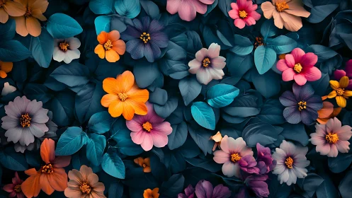 Layered floral composition with warm and cool color separation arranged overhead