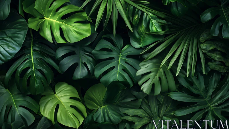 Digital painting of layered monstera foliage composition.