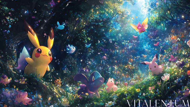 Luminescent Pokémon gathering in bioluminescent forest glade