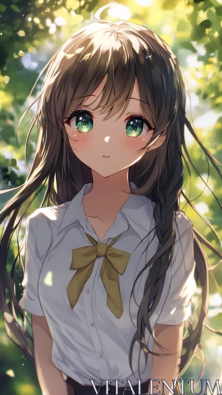 Sunlit schoolgirl portrait with glowing green eyes.