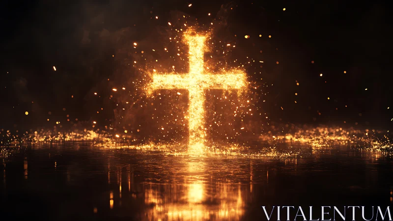 Radiant fiery cross burns against deep shadowed darkness.