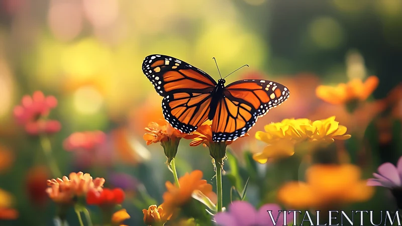Monarch butterfly poised over zinnia blooms in warm bokeh field.
