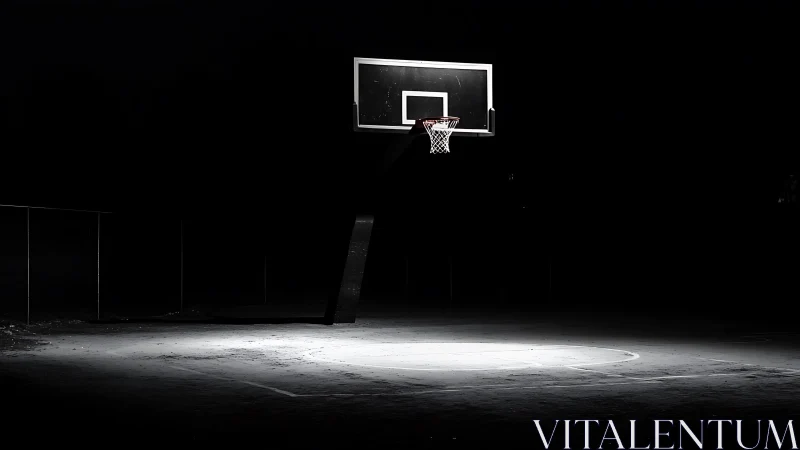 Lonely outdoor basketball hoop under harsh night lighting.