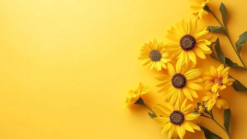 Yellow sunflowers arranged on monochromatic yellow background