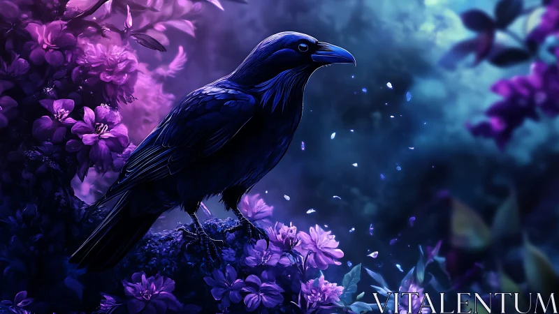Bioluminescent raven on floral perch under neon twilight sky
