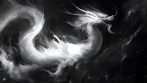 White serpentine dragon arcs through dark abstract space