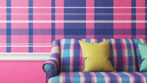 Colorful plaid sofa against bold pink tartan wall.