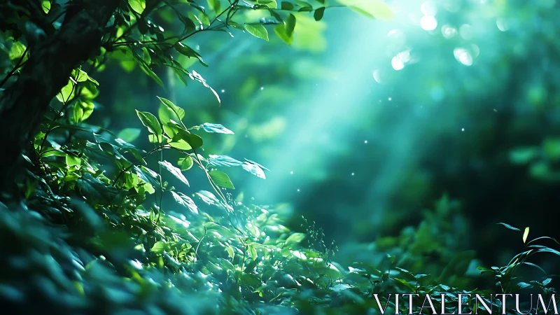 Sunlight penetrates dense green foliage in a forest understory