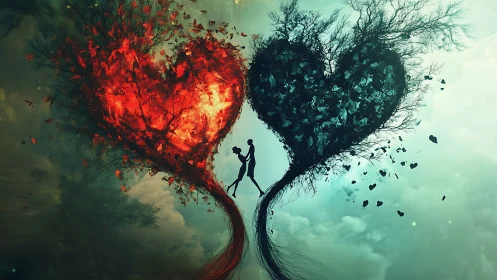 Silhouette Figure Suspended Between Luminous Red and Dark Trees