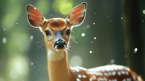 Young deer gazes through glowing forest dust in soft light