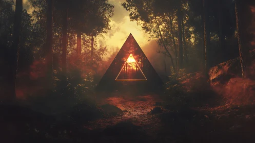 Illuminated Geometric Structure Within Dense Forest Atmosphere.
