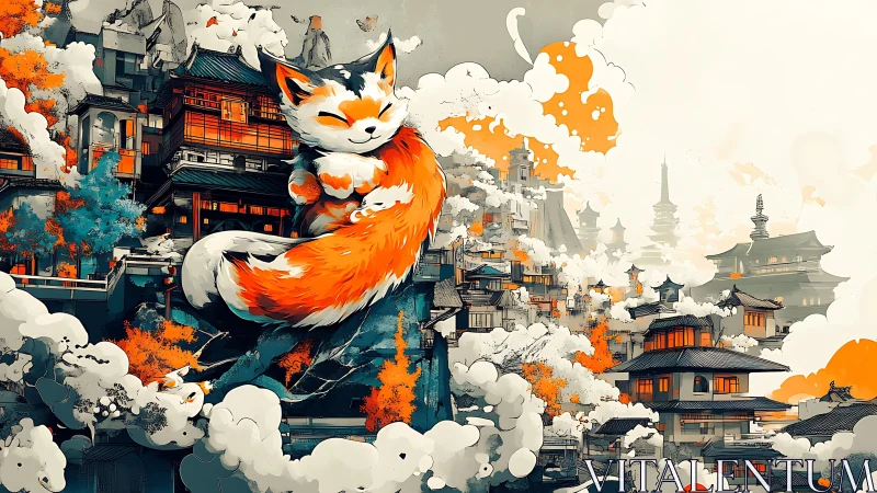 Giant fox spirit curls above a glowing autumnal city sky