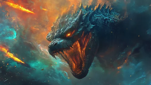 Volcanic cosmic dragon roars through blazing nebula storm.