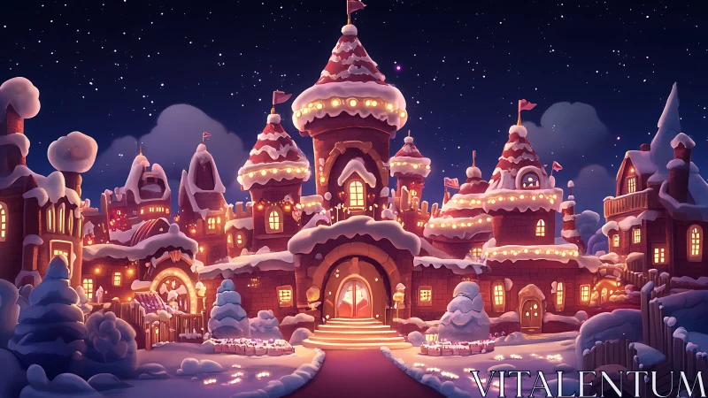 Sugared winter castle village aglow under storybook starlight.