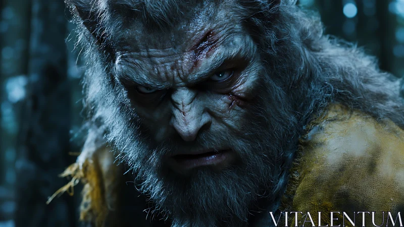 Ferocious werewolf glares forward under cold forest light