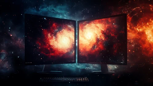 Twin galaxy screens inviting you into a cosmic workspace.