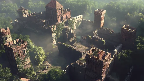 Sunlit ruined fortress emerges from misty forest canopy.