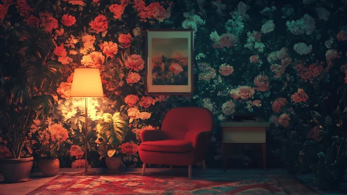 Midcentury lounge chair in moody floral interior lighting