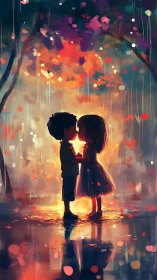 Two silhouetted figures share intimate moment beneath golden bokeh