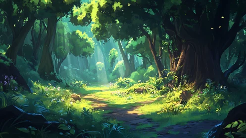 Enchanted Forest Grove with Sunlit Canopy.