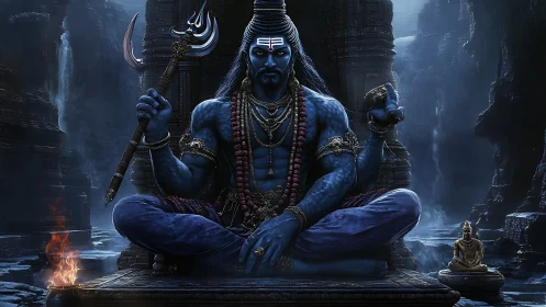 Monumental blue deity seated in meditative pose within cavernous shrine