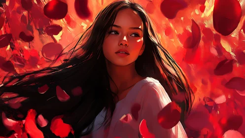 Young woman in flowing petals against vivid red sky.