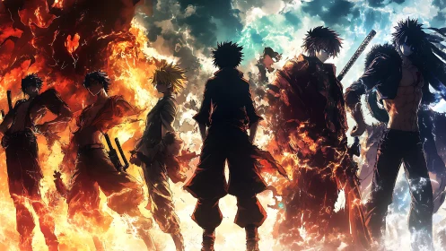 Silhouetted swordsmen aligned against fire and sky field.