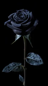 Close-up black rose with water droplets on dark background.