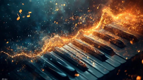 Piano keys with glowing musical energy and sparks.