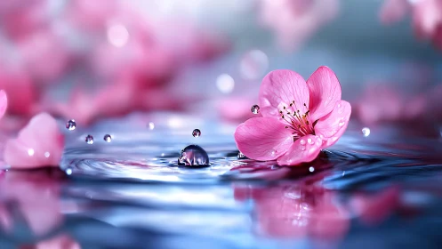 Pink Flower Dancing Through Water Droplets