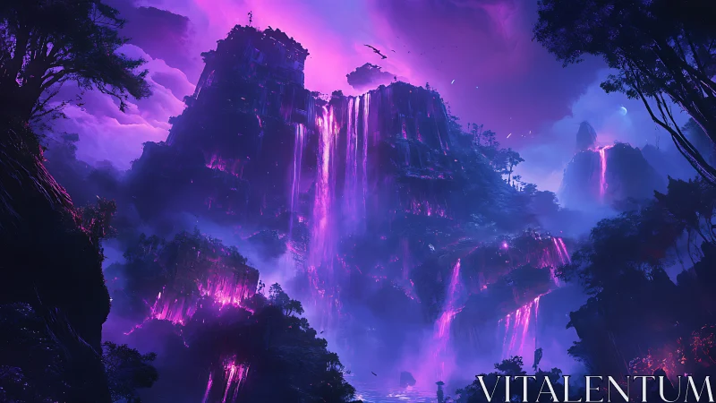 Neon waterfalls crown a twilight jungle of luminous cliffs.