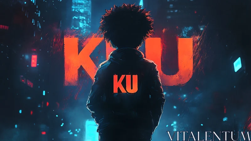 Backlit urban silhouette confronts neon KU typography in haze