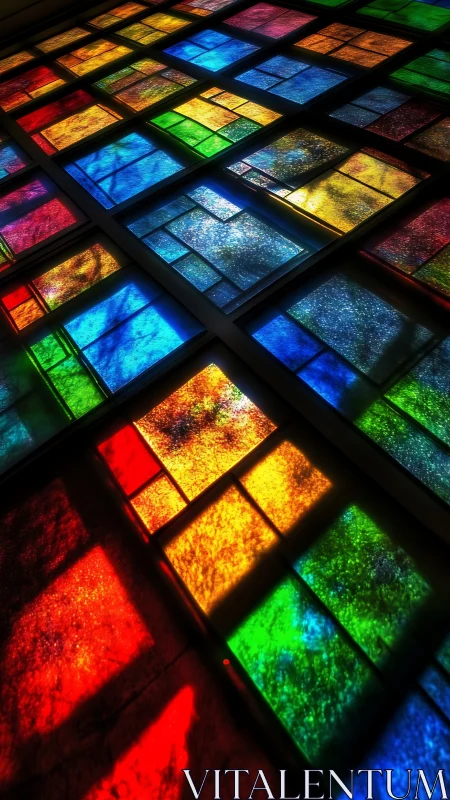 Oblique perspective of modular stained glass grid with saturated refraction