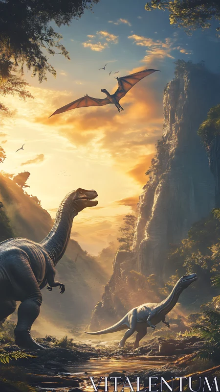 Sunlit dinosaurs wander calmly through a lush ancient canyon