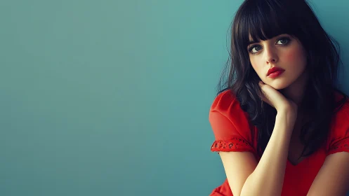Woman in red blouse sits against teal wall, looking ahead