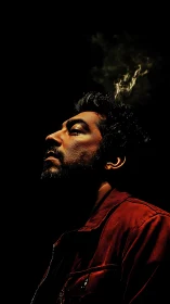 Low key portrait with directional rim lighting and vapor trail.