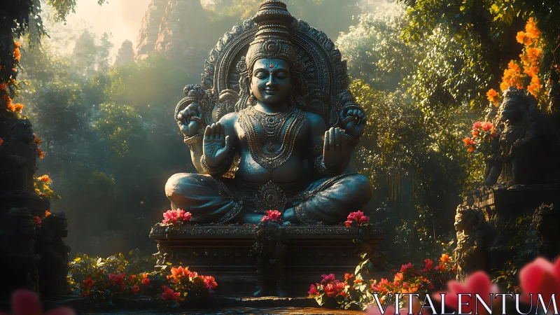 Serene stone deity statue amid lush sunlit jungle garden.