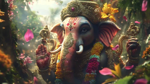 Ornate Ganesha idol stands in lush jungle temple light