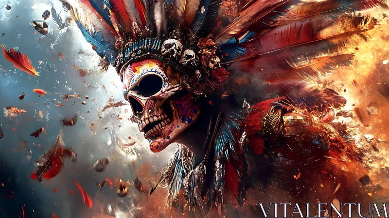 Skull figure with feathered headdress in fragmented motion.