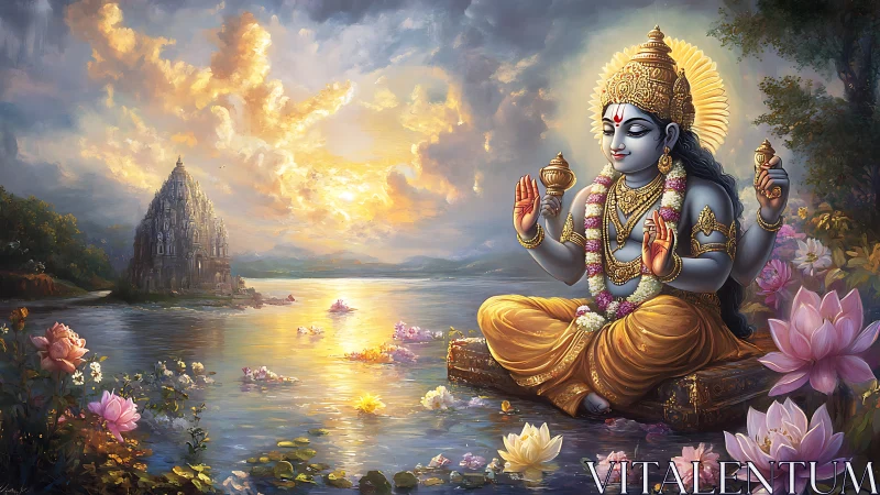 Divine blue deity meditating on lotus lake at radiant dawn.