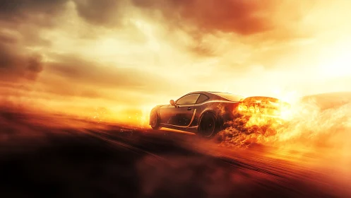 Sports car races through fiery desert landscape at sunset.