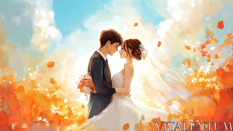 Gentle autumn wedding moment glows with soft romantic light